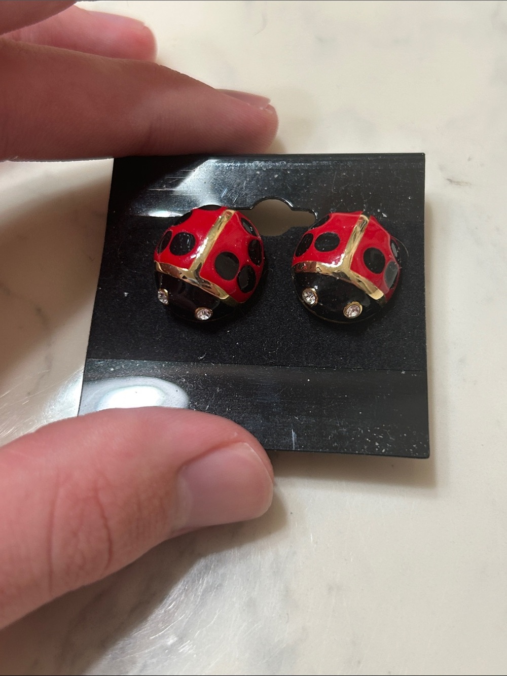 Red Ladybug Stud Earrings with Crystal Accents